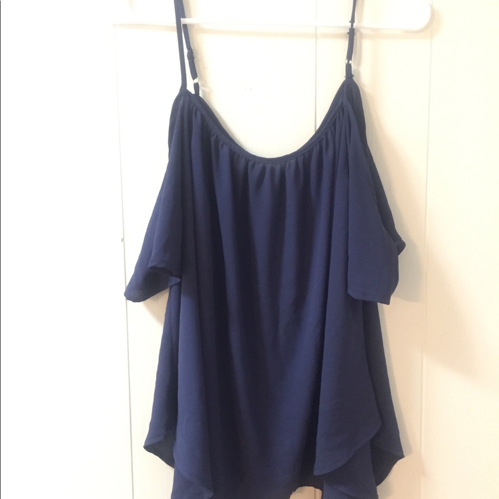 Open shoulder blue top